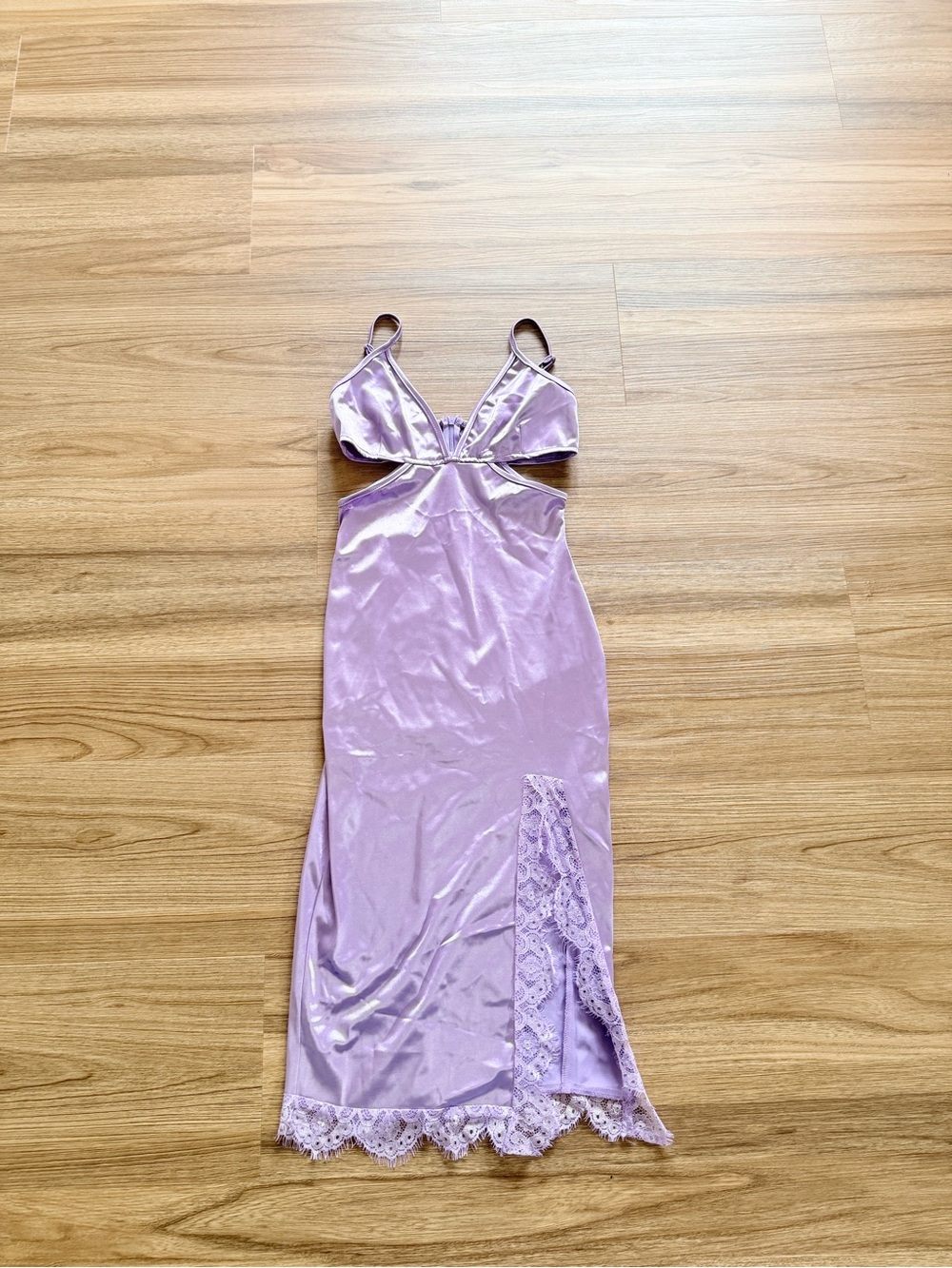 PrettyLittleThing Lilac Satin Slip Dress with Lace Trim
